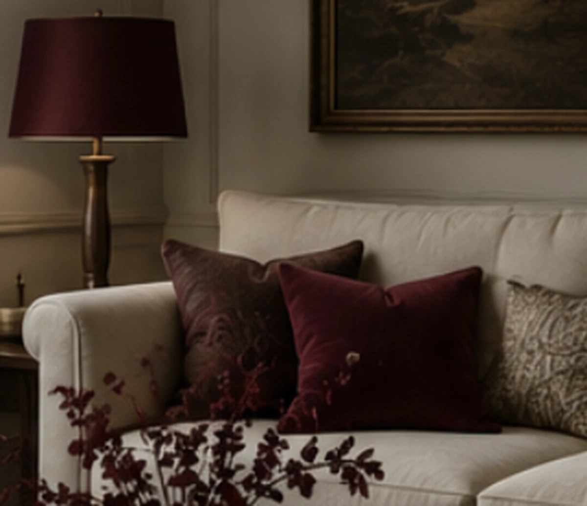 Bordo ve oxblood tonlarında abajur ve kadife kırlentlerle hazırlanmış sonbahar dekorasyonu.