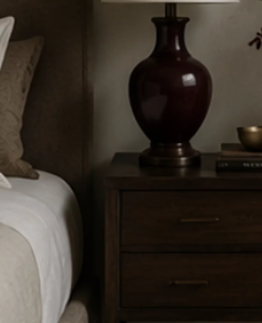 Bordo ve oxblood tonlarını taşıyan dekoratif vazo ve sıcak sonbahar aksesuarları.