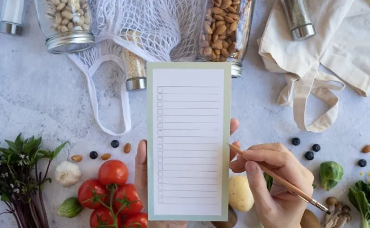 Vegan alışveriş listesi hazırlayan bir kişi, etrafında bakliyatlar, sebzeler ve bez çantalarla sürdürülebilir bir mutfak planlaması yapıyor.
