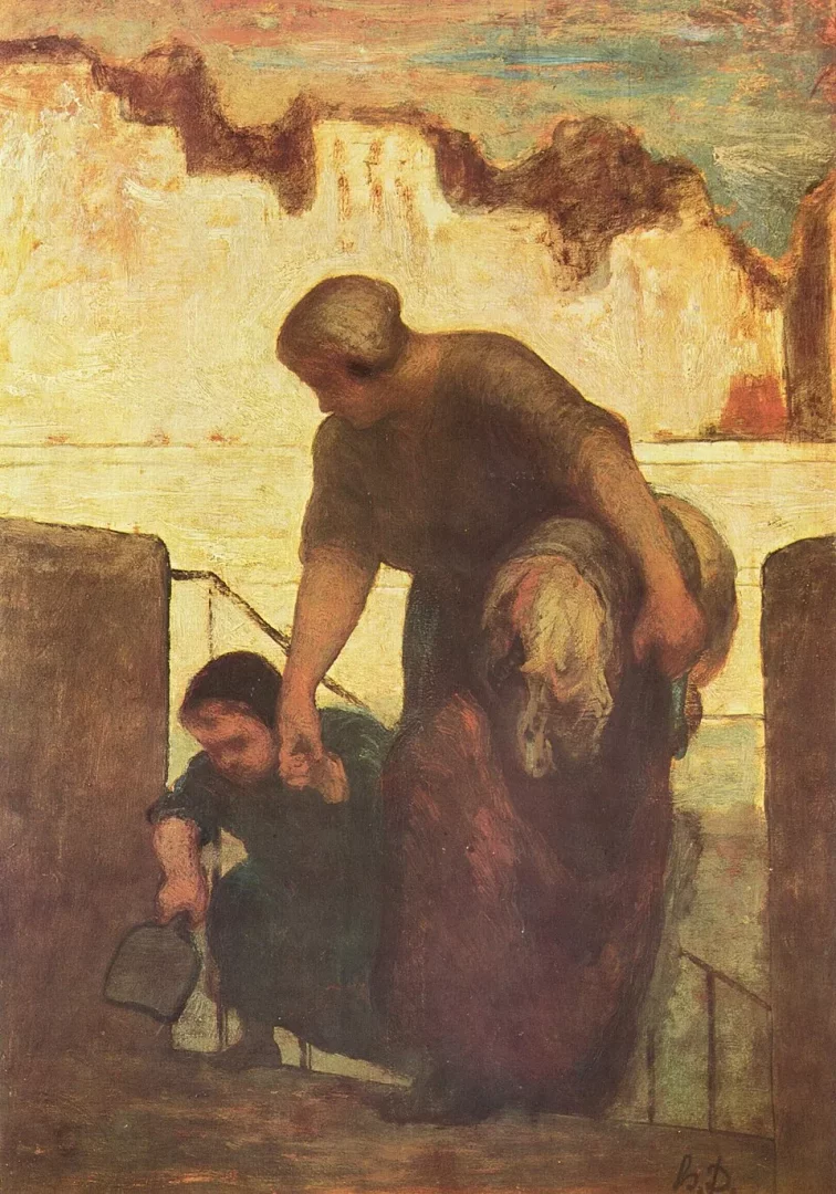Honoré Daumier'in Realizm akımının öne çıkan eserlerinden biri olan bu yağlı boya tabloda, merdivenlerde yukarı doğru çıkan, sırtında ağır bir yük taşıyan yaşlı bir kadın ve ona yardım eden iki diğer kadın figürü, sıcak toprak tonlarıyla günlük yaşamın mücadelesini gerçekçi bir şekilde yansıtmaktadır.
