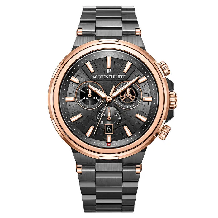 Jacques Philippe markalı, siyah ve rose gold tonlarında lüks erkek saati.