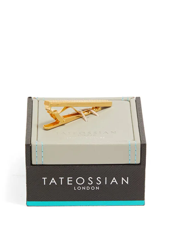 Altın renkli RT by Tateossian London uçak temalı kravat iğnesi lüks kutusunda.
