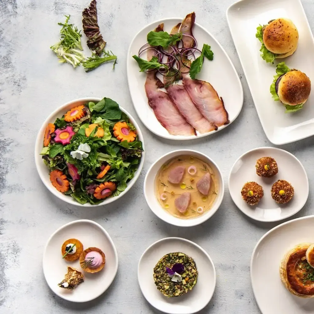 Açık gri dokulu bir yüzey üzerinde, renkli çiçek şeklinde sebzelerle zenginleştirilmiş yeşil salata, taze roka ve kırmızı soğanla süslenmiş füme balık veya et dilimleri, küçük ekmekli mini hamburgerler, et parçaları ve dereotu ile bezeli hafif soslu bir kase, çıtır kaplı üç adet kızarmış top, farklı tatlarda iki adet zarif kanepe ve mor bir çiçekle taçlandırılmış yeşil bir tartardan oluşan çeşitli modern başlangıçlar ve mezeler beyaz tabaklarda sanatsal bir düzenlemeyle sergilenmektedir.