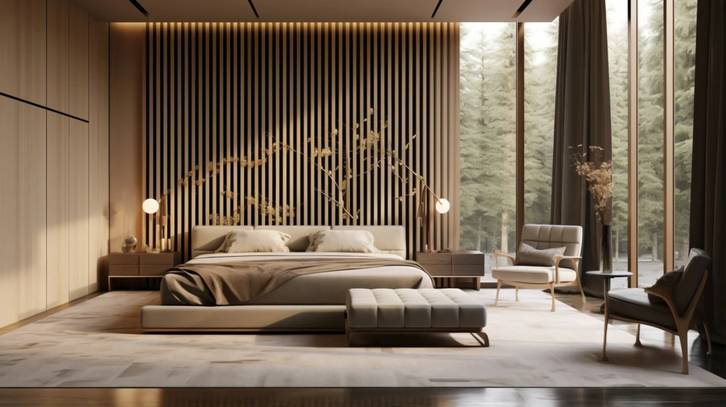 Ahşap ve doğal tonların öne çıktığı, orman manzaralı ve huzurlu atmosferli, minimal Feng Shui yatak odası.