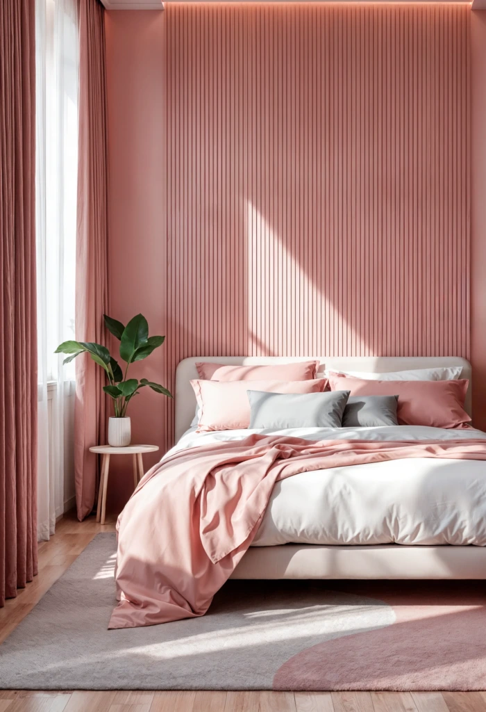 Pembe tonlarda döşenmiş, yumuşak dokulu nevresimler ve pastel dekorasyon unsurlarıyla öne çıkan bir yatak odası.