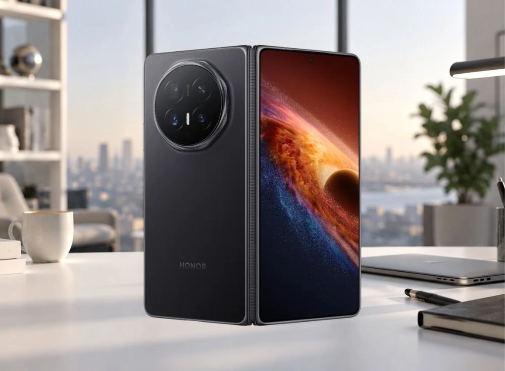 Modern bir ofis masasında duran, arkasında büyük dairesel kamera modülü ve HONOR logosu görünen Honor Magic V6 katlanir telefonun, iç ekranında canlı kozmik desenli bir duvar kağıdı açıkça sergilenirken, arkada şehrin silüeti pencereden yansıyor.