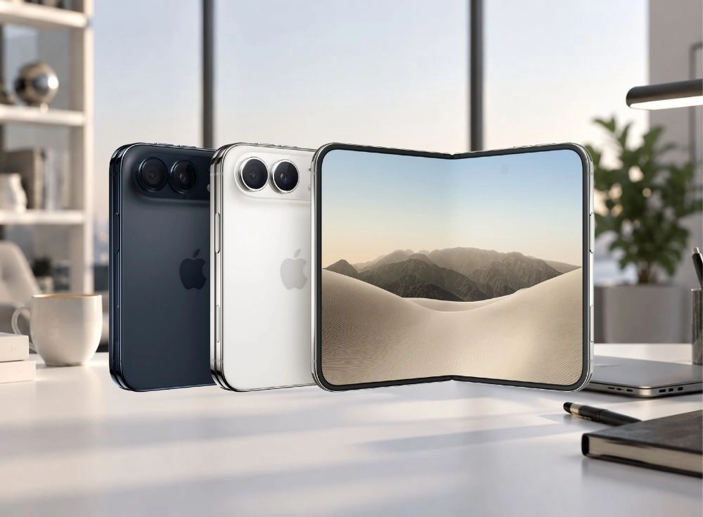 Beyaz bir ofis masasında, arkaları çift kameralı ve Apple logolu koyu renkli ve beyaz iki düz iPhone'un yanında, ekranında çöl manzarası bulunan hafifçe açık katlanabilir bir iPhone sergilenirken, bu düzenleme gelecekteki katlanabilir iPhone tasarımları ve sunulabilecek renk seçenekleri üzerine ipuçları veriyor.