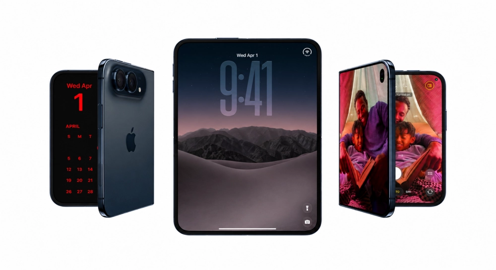 Beyaz bir arka plan üzerinde, katlanır telefon konseptini temsil eden üç farklı iPhone benzeri cihaz yer almaktadır; ortadaki telefon karanlık dağ manzaralı kilit ekranını gösterirken, sol taraftaki cihaz takvim ekranı ve arka yüzündeki kamera ile Apple logosunu sergiliyor, sağ taraftaki ise aile fotoğrafı ve kamera uygulamasının çift ekran kullanımını vurguluyor.