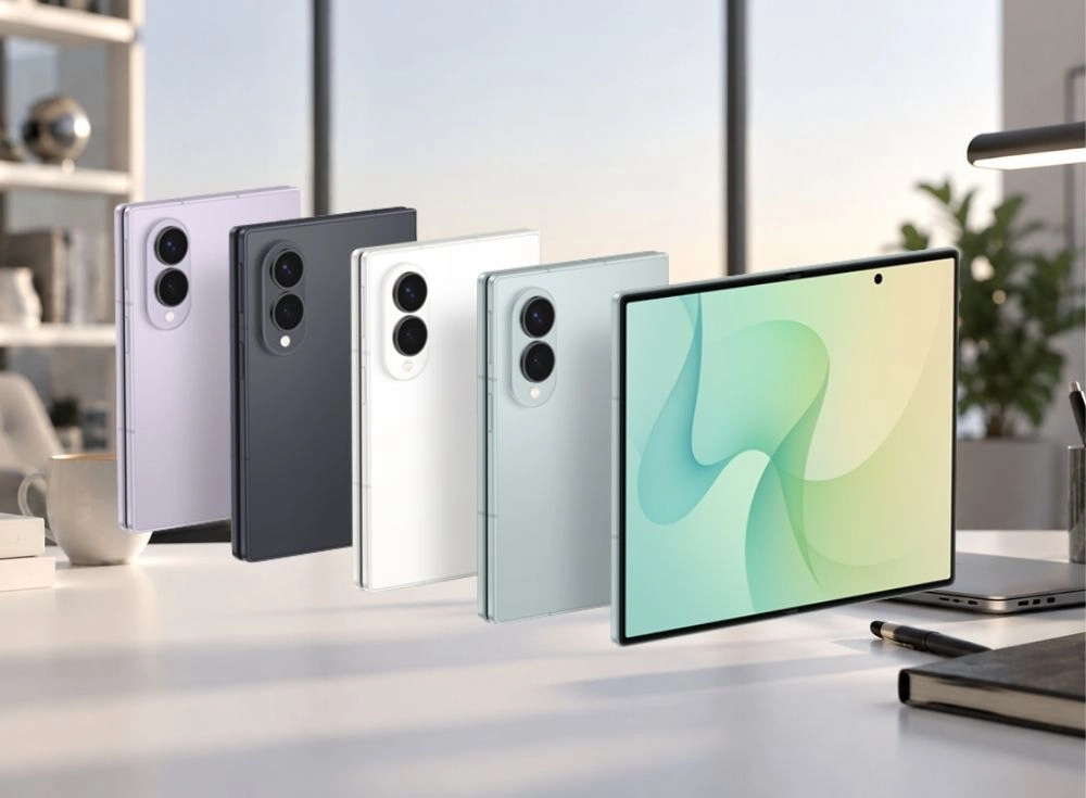 Çeşitli renklerdeki dört adet katlanmış Android akıllı telefon, modern bir ofis masasında sıralanmış halde dururken, ön planda yer alan geniş AMOLED ekranıyla açık pozisyondaki başka bir katlanabilir akıllı telefon, canlı renkli, soyut bir dalga deseni sergiliyor.