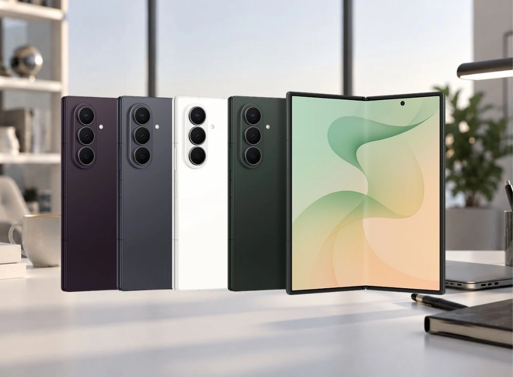 Açık ve renkli soyut bir duvar kağıdı gösteren geniş iç ekranıyla Samsung Galaxy Z Fold 8 Ultra katlanabilir telefon, mor, koyu gri, beyaz ve koyu yeşil olmak üzere dört farklı renkteki akıllı telefonun arka yüzleriyle birlikte modern bir ofis masasında sergileniyor.