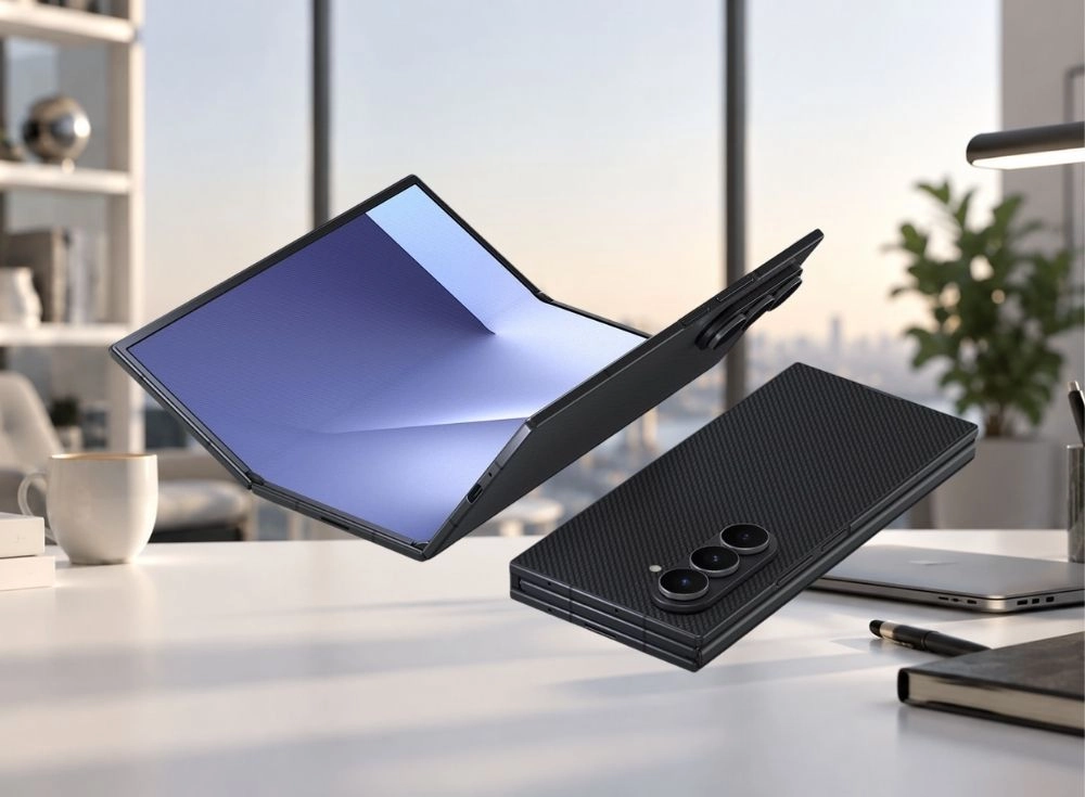 Modern bir ofis masası üzerinde havada duran, kısmen açık halde geniş mavi ekranı görünen ve ortasında hafif bir katlanma izi olan üçlü katlanabilir bir Samsung Galaxy Z telefon ile kapalı, dokulu siyah kasalı, üçlü kamera kurulumlu başka bir katlanabilir akıllı telefonun dinamik görüntüsü.