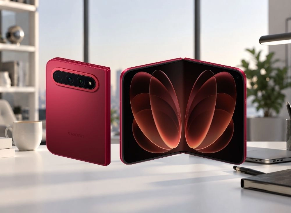 Masaüstünde kırmızı renkli, bir tanesi arkadan üçlü kamera dizilimi ve Xiaomi logosu görünür şekilde kapalı duran, diğeri ise iç ekranında kırmızı soyut desenler göstererek yarı açık konumda süzülen iki katlanir akilli telefon, modern bir ofis ortamında sergileniyor.