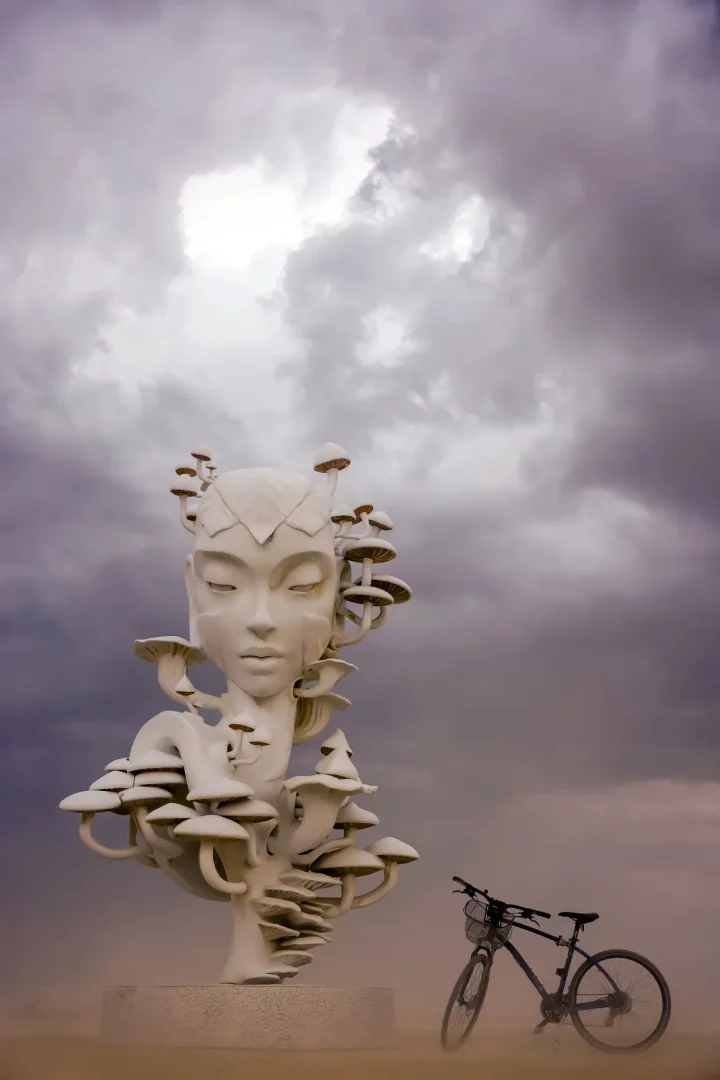 Burning Man festivalinde, bulutlu ve dramatik bir gökyüzü altında, yüzünden ve omuzlarından mantarlar filizlenen, gözleri kapalı, zarif bir kadın başı formundaki büyük beyaz sürreal heykelin yanında duran bir bisiklet, çölün büyüleyici atmosferini yansıtıyor.