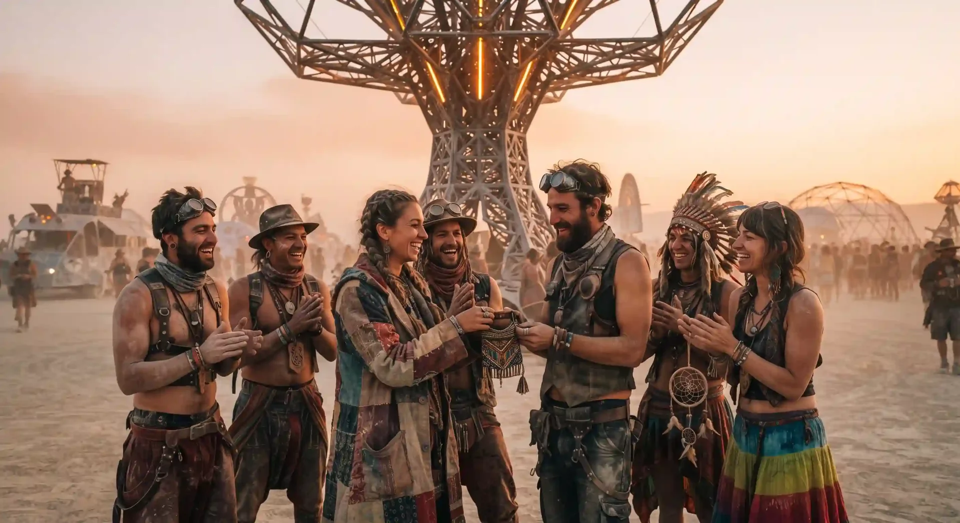 Gün batımında, Burning Man festivali atmosferinde, özenli ve özgün kostümler giymiş yedi kişi neşeyle bir araya gelmiş; yamalı paltolu bir kadın ile gözlüklü bir adamın küçük, işlemeli bir keseyi değiş tokuş ettiği bu anı diğerleri alkışlarken, arka planda devasa, ışıklı metal bir ağaç yapısı yükseliyor.