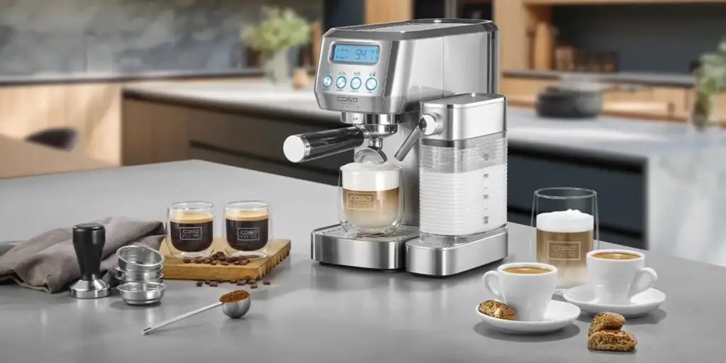 Tezgahın üzerinde espresso makinesi ve kahve bardakları