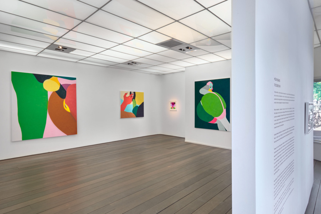 Amsterdam'daki Reflex çağdaş sanat galerisinin beyaz duvarlarla çevrili modern salonunda, canlı yeşil, pembe, sarı ve kahverengi tonlarında soyut formlara sahip tablolar sergileniyor; bu görünüm şehrin büyülü sanat atmosferini yansıtıyor.