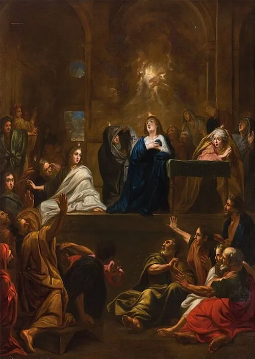 Charles Le Brun'un Kutsal Ruh'un İnişi adlı tablosunda, merkezi konumda başının üzerinde alevle ve ilahi ışıkla çevrili Meryem Ana'nın, çevresindeki havarilerle birlikte şaşkınlık ve derin bir huşu içinde yukarıya baktığı, alt kısımdaki kalabalığın da ellerini kaldırarak veya diz çökerek bu mucizevi olayı deneyimlediği dramatik bir dini sahne betimleniyor.