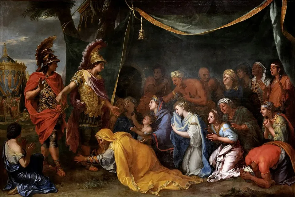 Charles Le Brun'un Büyük İskender'in bir zafer sahnesini betimleyen bu geniş yağlıboya tablosunda, miğferli ve zırhlı İskender, kendisine diz çökerek yalvaran sarı elbiseli bir kadına elini uzatırken, çevresindeki birçok kadın ve çocuk çaresizce bakıyor.