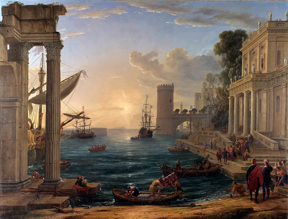 Claude Lorrain'in Saba Kraliçesi adlı tablosu, gün batımında veya doğuşunda ışıldayan antik bir limanda kalabalık bir sahneyi betimler; sağda görkemli sütunlu bir bina, solda harabe kemerli sütunlar, ortada ise yelkenliler ve teknelerle dolu masmavi denizde hareketlilik yaşanır.