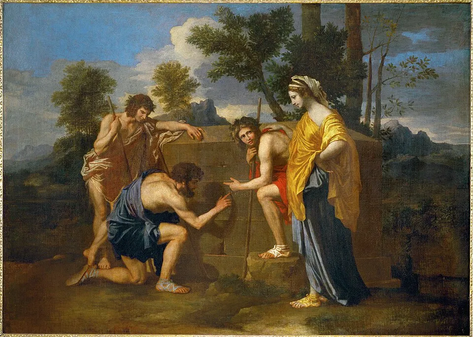 Poussin'in Et in Arcadia ego adlı klasikleşmiş eserinde, çoban giysili üç erkek ve bir kadın figürü, pastoral bir ortamda üzerinde bir yazı bulunan anıtsal bir mezar taşına eğilmiş, ölümlülük temasını Klasisizm estetiğiyle yansıtan etkileyici bir sahneyi betimliyor.