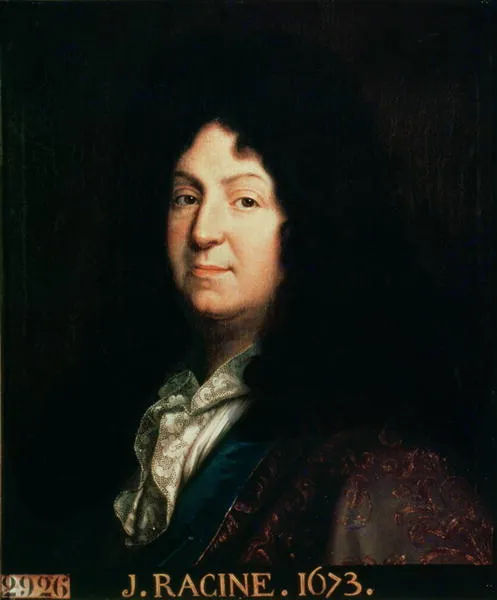 Jean Racine'in Klasisizm dönemine ait, 1673 tarihli bu yağlıboya portresinde; gür koyu peruğu, beyaz dantelli fırfırlı kravatı ve desenli zengin giysisiyle sağa dönük, izleyiciye bakan bir şekilde tasvir edilmiştir.