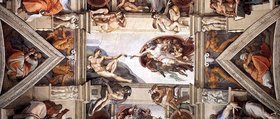 Michelangelo'nun Sistina Şapeli tavanındaki başyapıtı Adem'in Yaratılışı freski, Tanrı'nın meleklerle çevrili olarak Adem'e hayat veren dokunuş için uzandığı, parmaklarının neredeyse birleştiği anı ve çevresindeki birçok diğer figürü detaylı bir şekilde gösteriyor.