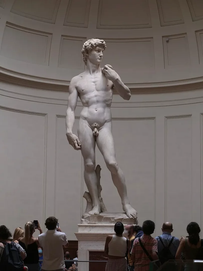 Michelangelo'nun ikonik Davut heykeli, yüksek kubbeli, geniş bir sergi salonunda beyaz mermer detaylarıyla tüm görkemiyle yükselirken, kalabalık ziyaretçiler altından hayranlıkla izleyip cep telefonlarıyla anı kaydediyor.
