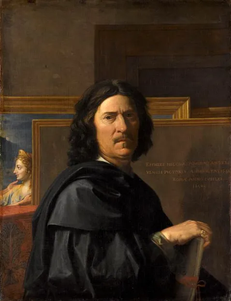 Klasisizm akımının önde gelen temsilcilerinden Nicolas Poussin'in 1650 tarihli bu otoportresinde, koyu dalgalı saçlı ve bıyıklı sanatçı, siyah bir pelerin giymiş ve sağ elini büyük bir kitaba dayayarak izleyiciye ciddi bir ifadeyle doğrudan bakarken, arka planda kendi atölyesindeki diğer resimler ve klasik unsurlar dikkat çekiyor.
