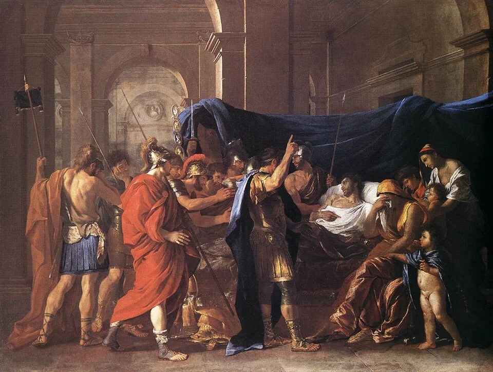 Poussin'in Germanicus'un Ölümü tablosunda, antik Roma mimarisine sahip sütunlu bir salonda, ölüm döşeğindeki Germanicus'un etrafına toplanan, sağda kederli kadınlar ve çocuklar, solda ise yemin eden ve kırmızı toga giymiş yaslı Romalı askerler dramatik ve trajik bir anı canlandırıyor.