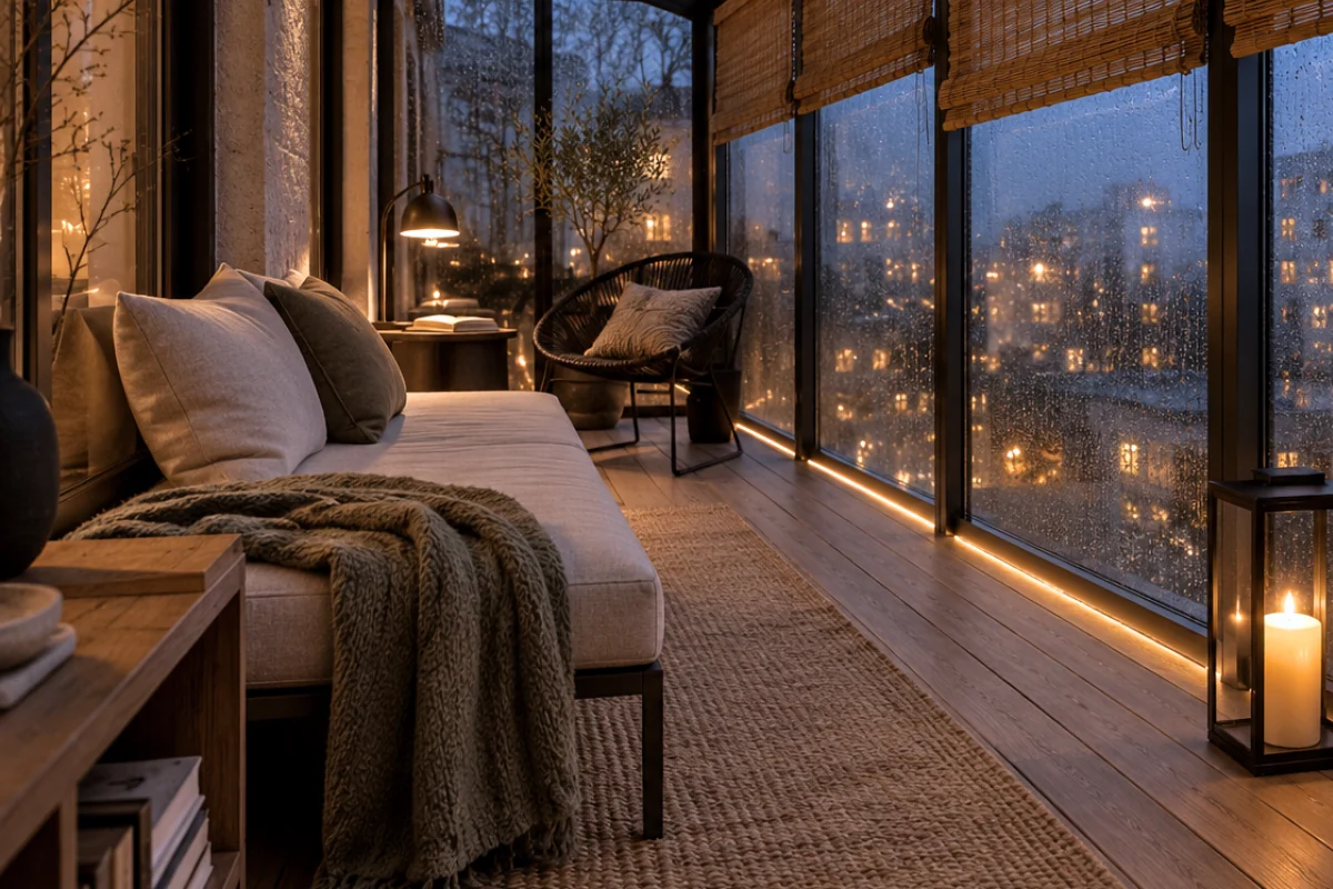 Bu fotoğrafta, yağmurlu bir gecede dışarıdaki şehir ışıklarıyla aydınlanan cam balkon, konforlu bir daybed, örgü battaniye, yastıklar, okuma lambası ve mum feneriyle sıcak bir kış bahçesi dekorasyon fikri sunuyor.