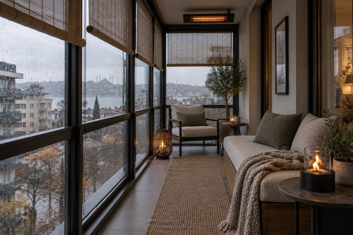 Yağmurlu bir havada İstanbul'un tarihi siluetine bakan, infrared ısıtıcılı ve bambu perdelerle donatılmış bu ferah kış bahçesi, yumuşak battaniye ve yanan mumlarla dolu modern bir kanepenin yanı sıra, konforlu bir koltuk ve dekoratif bitkilerle kış bahçesi dekorasyon fikirlerine ilham veriyor.