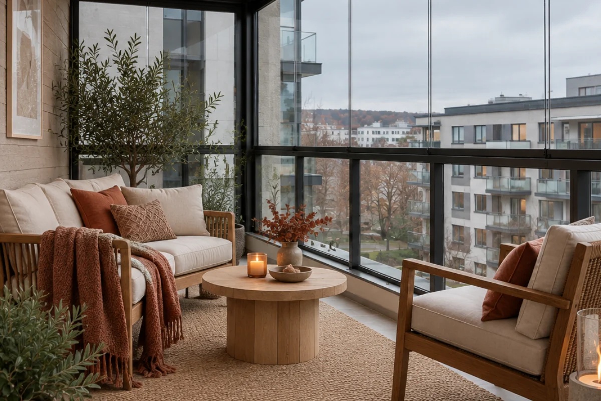 Geniş cam balkon panelleriyle çevrili modern bir kış bahçesi, açık renk ahşap oturma grubu, rustik kahverengi battaniye ve kırlentlerle sıcak bir atmosfer sunarken, ortadaki ahşap sehpada yanan mum ile huzurlu bir şehir manzarası eşliğinde konforlu bir dinlenme alanı oluşturuyor.
