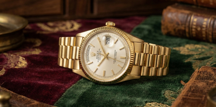 1976 üretimi Rolex Day-Date altın kol saatinin kadran ve bilezik detayları
