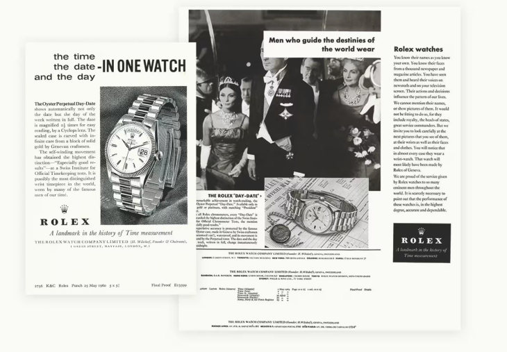 Rolex Day-Date kol saatinin yer aldığı, lider figürleri ve resmi bir davet sahnesiyle tasarlanmış vintage gazete reklamı