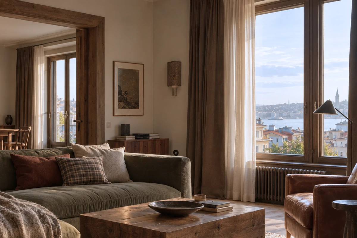 Geniş penceresinden İstanbul'un çatılarını, suyu ve uzaktaki Galata Kulesi'ni gösteren nefes kesici manzaraya sahip, dağ evi tarzı sıcak bir dekorasyona sahip, zeytin yeşili büyük bir koltuk ve rustik ahşap orta sehpayla döşenmiş davetkar bir İstanbul salonu.