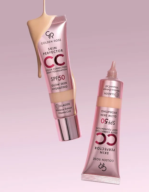 Açık pembe bir zeminde, roze metalik renkli iki Golden Rose Skin Perfector CC Color Correcting Light Foundation SPF50 tüpü havada asılı duruyor; birinden hafif tonda fondöten akıyor ve üzerinde Glow Skin Hydrating, Kollajen, Hibiscus Özü ile C&E Vitamini ibareleri dikkat çekiyor, markanın yeni ürün gelişmelerinden birini temsil ediyor.