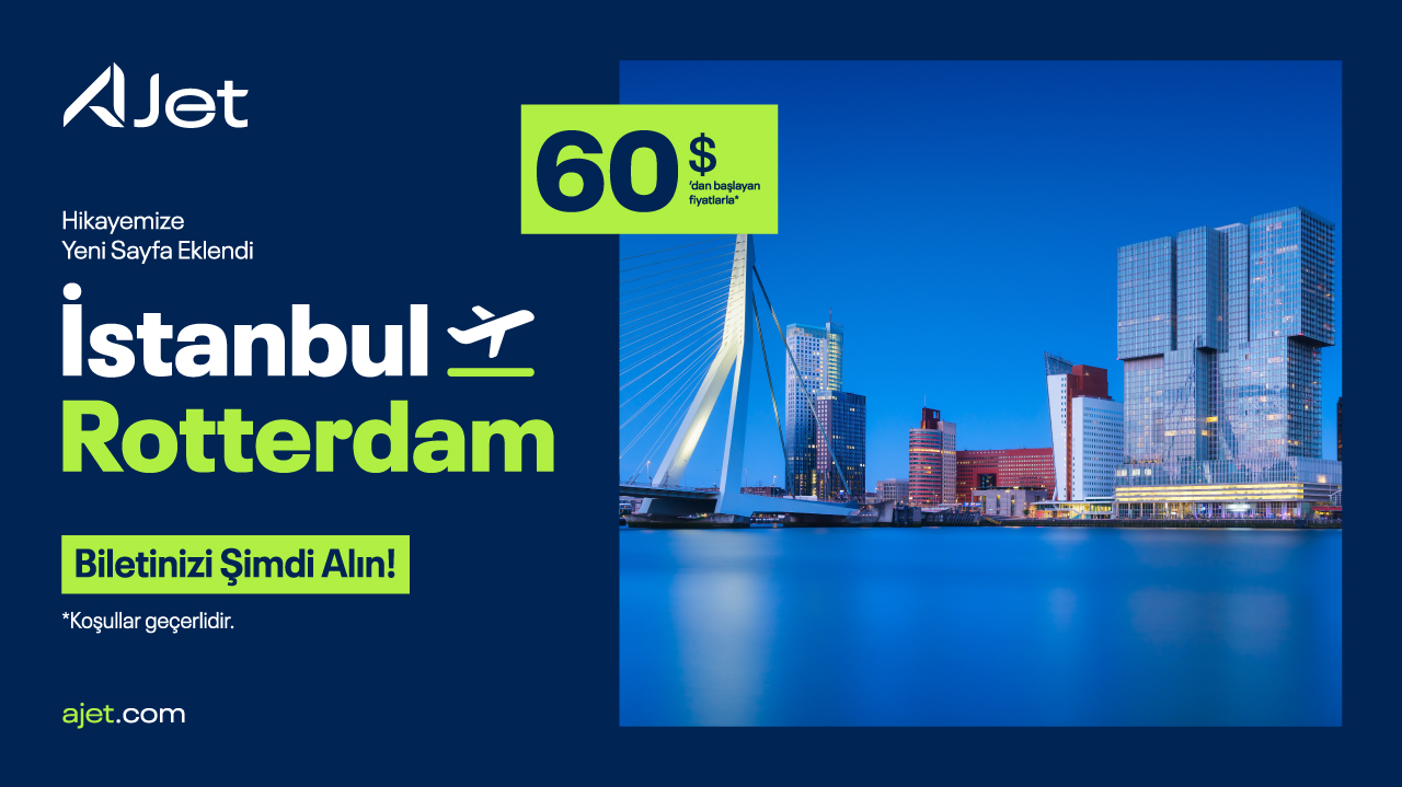 İstanbul'dan Rotterdam'a seyahat eden yolcular için tanıtım yapan bu görselde, sakin suların üzerinde yükselen ve şehrin simgesi haline gelmiş Erasmus Köprüsü ile modern mimarinin etkileyici örneklerini barındıran gökdelenlerin oluşturduğu Rotterdam şehir silüeti, mavi gökyüzü altında huzurlu bir şekilde uzanıyor.
