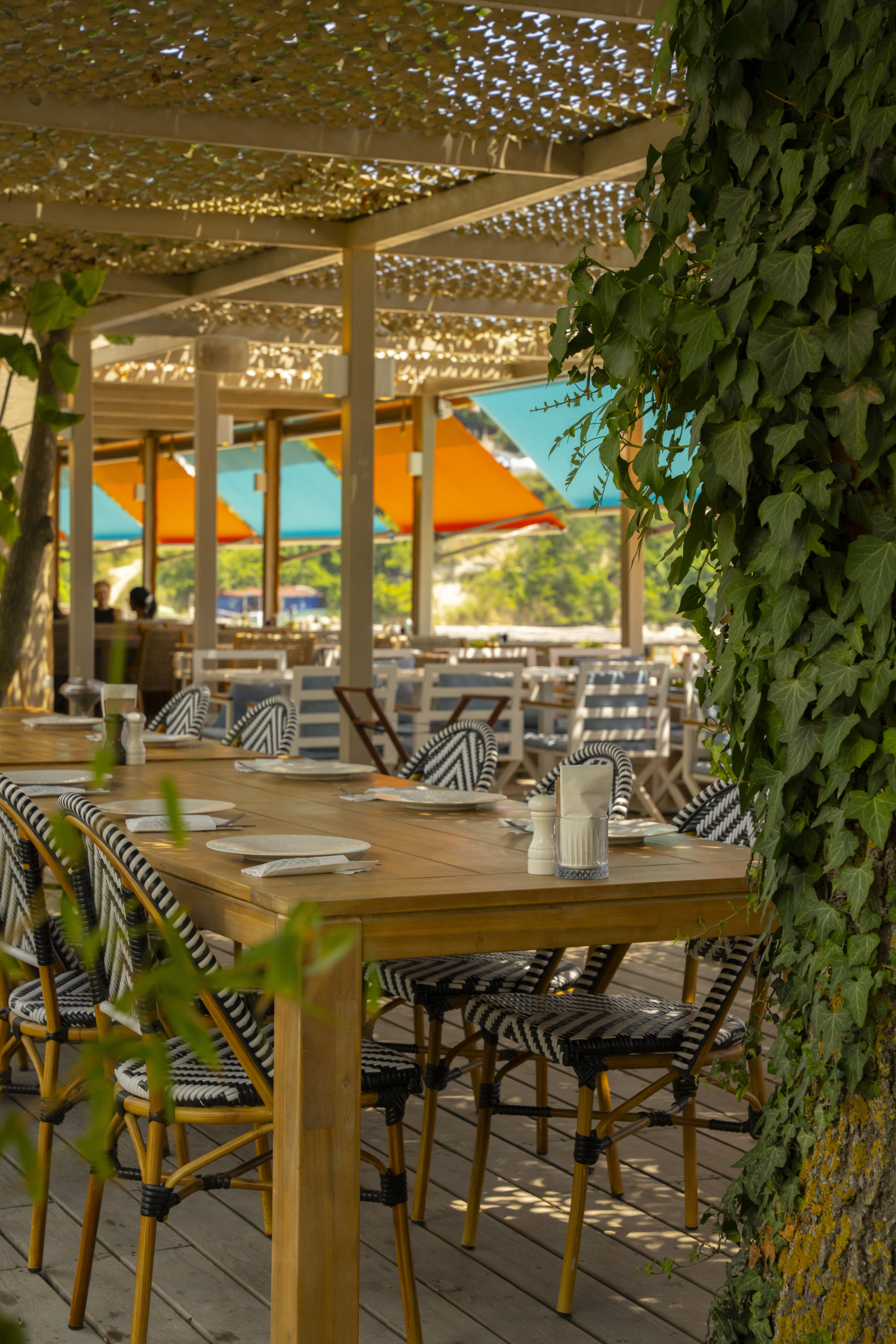 İğneada'da yer alan bir deniz kenarı açık hava restoranında, gölgelikli ahşap masalar siyah beyaz geometrik desenli sandalyelerle çevrili, üzerinde beyaz tabaklar ve peçetelerin içinde çatal bıçak takımları düzenli bir şekilde duruyor; sağ tarafta yemyeşil sarmaşıklarla kaplı bir ağaç gövdesi, arka planda ise turuncu ve açık mavi tentelerin altında deniz manzarası belirgin.