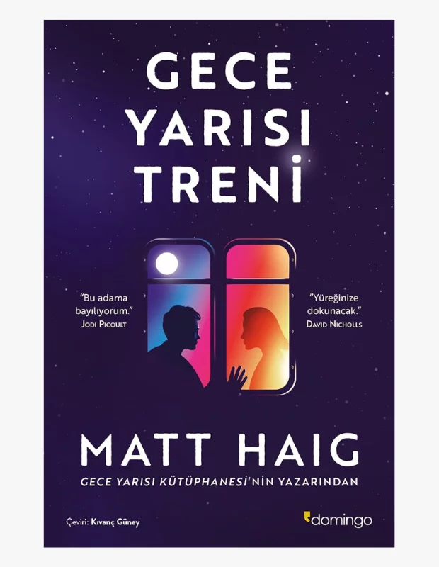 Matt Haig'in Gece Yarısı Treni adlı romanının kapak görselinde, yıldızlı gece gökyüzü fonunda, farklı renkte ışıklarla aydınlanmış iki tren penceresinden dışarı bakan bir erkek ve pencereye eliyle dokunan bir kadın silüeti görülüyor, yazarın çok satan kitaplar listesindeki Gece Yarısı Kütüphanesi'nin yazarından olduğu belirtilmiş.