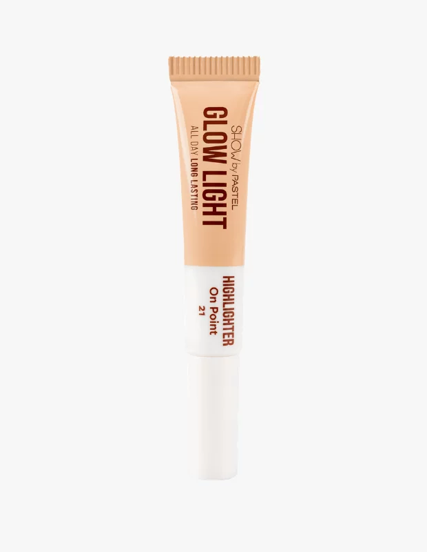 Ortada, SHOW by PASTEL markasına ait, üst kısmı şeftali renginde ve sıkılabilir tüp şeklinde, alt kısmı ise beyaz aplikatörlü bir HIGHLIGHTER ürünü görülüyor. GLOW LIGHT adını taşıyan bu aydınlatıcı, uzun süre kalıcı formülüyle doğal bir parlaklık vadediyor.