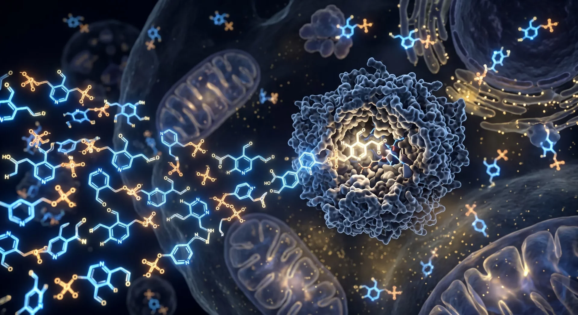 Hücresel bir ortamda, büyük bir protein kompleksinin içine yerleşmiş, parlak sarı renkte parlayan bir B6 vitamini türevi, çevresindeki çok sayıda mavi ve turuncu fosfatlı moleküllerle birlikte, vitaminlerin enzimlerle etkileşimini ve metabolik süreçlerdeki anahtar rolünü gösteren karmaşık bir biyokimyasal reaksiyonu canlı bir şekilde tasvir ediyor.