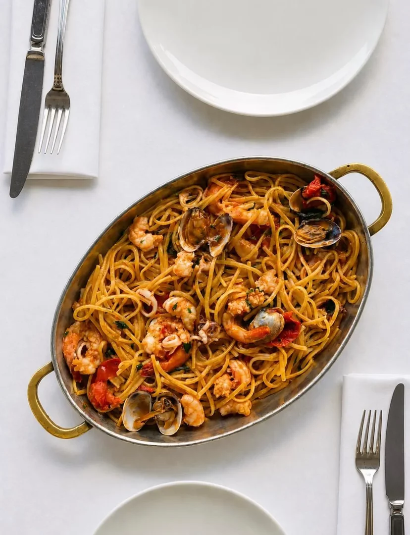 Beyaz masa örtüsü üzerinde, pirinç saplı oval metal bir tavada, karides, kabuklu midyeler ve kalamar halkalarıyla zenginleştirilmiş, domates soslu linguine makarnanın iştah açıcı sunumu görülüyor; çevresinde çatal bıçak takımları ve beyaz servis tabakları düzenli bir şekilde yer alıyor.