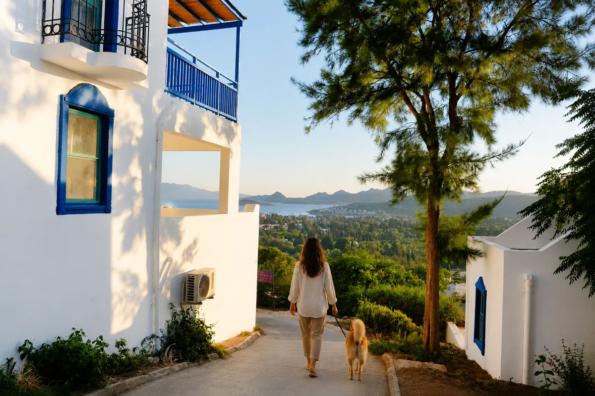 Masmavi denize ve yemyeşil tepelere bakan, beyaz badanalı ve mavi pencereli Ege mimarisindeki binaların arasından, bir kadın köpeğiyle birlikte eğimli bir yolda yürüyor, arkalarında Bodrum'un karakteristik doğası ve manzarası uzanıyor.