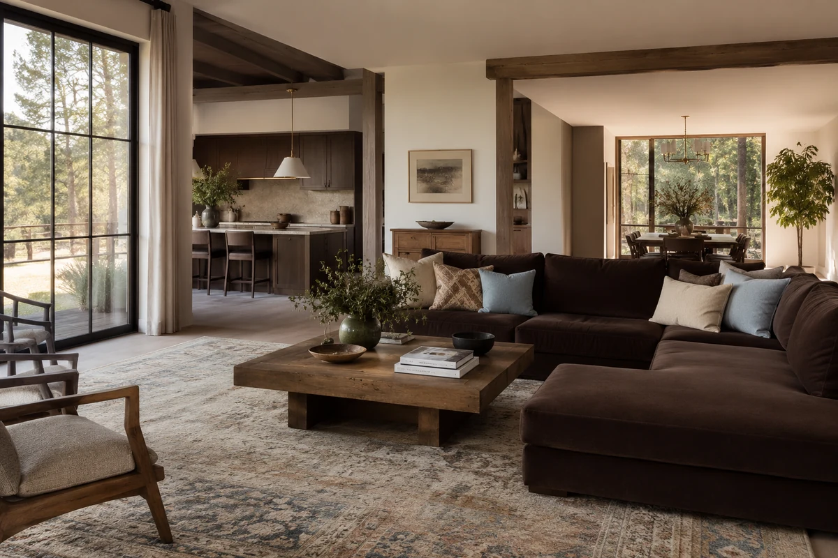Geniş ve açık planlı bir salon, koyu kahverengi köşe koltuk takımı, ahşap orta sehpa ve bej desenli halıyla döşenmiş, doğal tonların hakim olduğu modern bir yaşam alanı sunuyor; büyük pencerelerden görünen yemyeşil orman manzarasıyla bütünleşen bu alan, bitişiğindeki modern mutfak ve yemek odasıyla ferah bir açık plan salon dekorasyon trendini yansıtıyor.