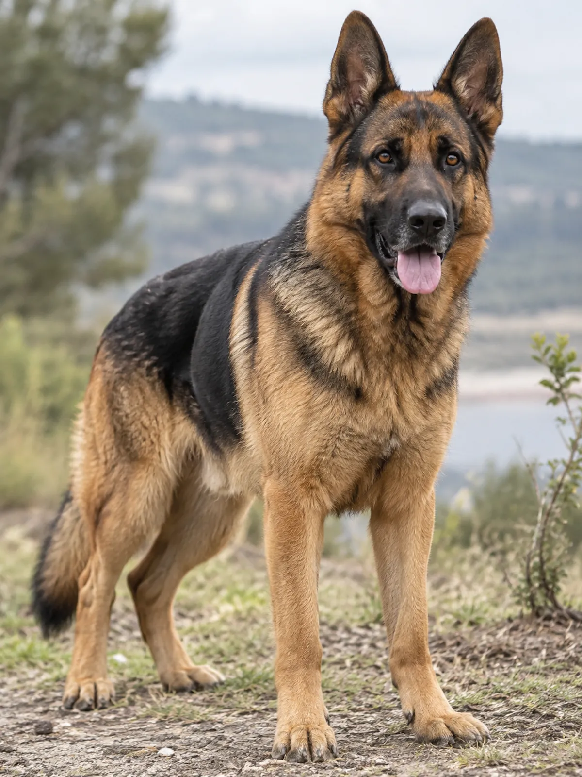 Doğal bir ortamda, kahverengi ve siyah tüyleriyle dikkat çeken, kulakları dik, dili dışarıda duran, canlı ve uyanık bakışlara sahip güçlü bir Alman Kurdu, Alman Çoban Köpeği özelliklerini detaylandıran makalenin görseli olarak yer alıyor.