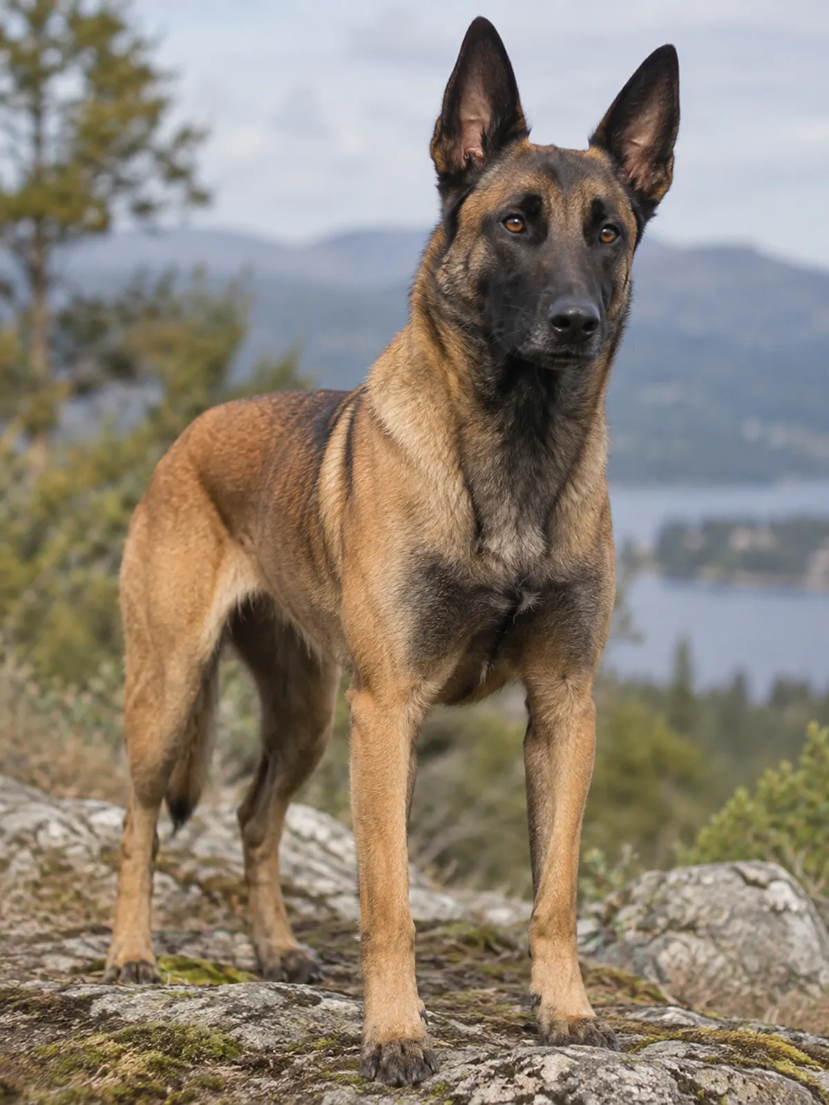 Bu fotoğrafta, güçlü yapısı ve dikkatli duruşuyla bilinen Belçika Kurdu'nun karakteristik özelliklerini yansıtan, taba rengi tüylere ve siyah yüze sahip bir köpek dağlık bir göl manzarası önünde kayalık bir zeminde duruyor.