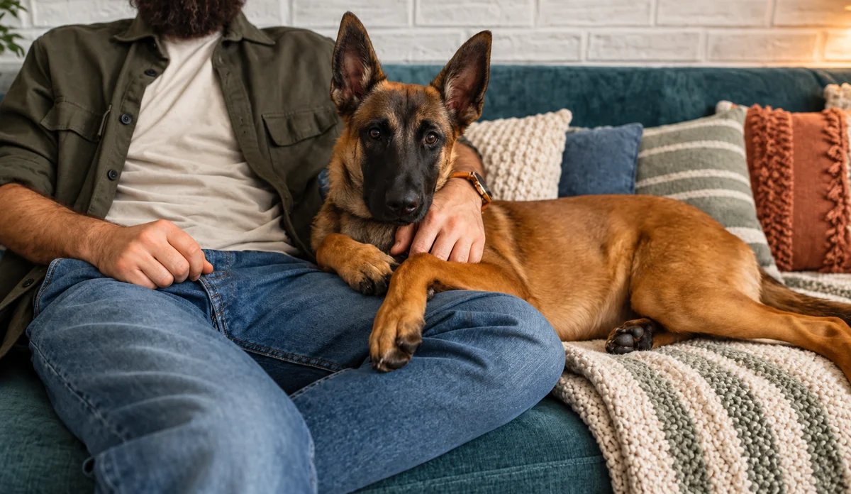 Bir kanepe üzerinde oturan sakallı bir adamın bacakları arasına başını koymuş, kahverengi ve siyah yüzlü bir Malinois cinsi köpeği severken çekilmiş samimi bir fotoğraf, bu sadık dostun evde yaşamaya ne kadar uyumlu olabileceğini gösteriyor.