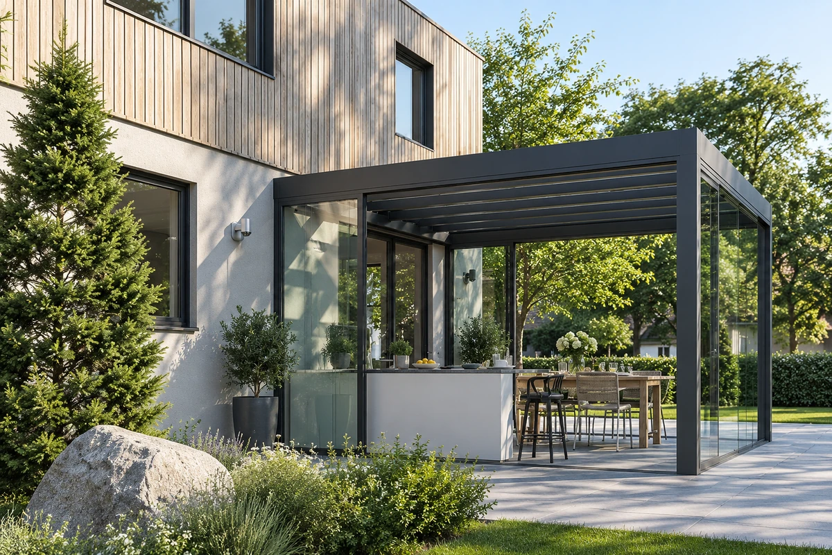Modern bir villanın bahçesinde, ahşap detaylı evin ön cephesine entegre edilmiş, koyu gri lamel tavanlı biyoklimatik pergola ve şık cam duvarlarla çevrili, içinde yemek masası ve bar alanı bulunan ferah bir kış bahçesi görülüyor.