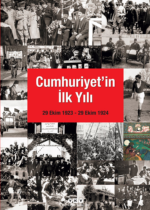 Yüzyılın İzleri sergisinde yer alan ve kırmızı bir fon üzerinde Cumhuriyet'in İlk Yılı başlığıyla öne çıkan, Atatürk, resmi törenler, günlük yaşamdan kesitler, spor etkinlikleri ve dönemin ulaşım araçlarını gösteren siyah beyaz fotoğraflardan oluşan bir kitap kapağı.