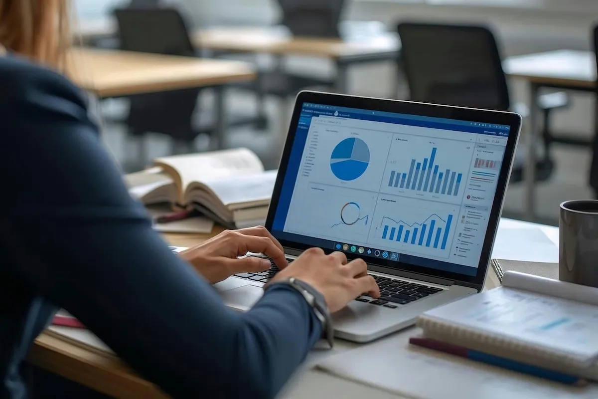 Omuzdan görülen bir kişi, açık bir kitap, not defteri ve kahve kupasının da bulunduğu masasında, ekranda pasta, çubuk ve çizgi grafikleriyle finansal verileri ve yatırım fonlarının performansını analiz eden dizüstü bilgisayarına odaklanmış durumda, en çok kazandıran yatırım fonu araştırmalarına uygun bir çalışma ortamı sunuyor.